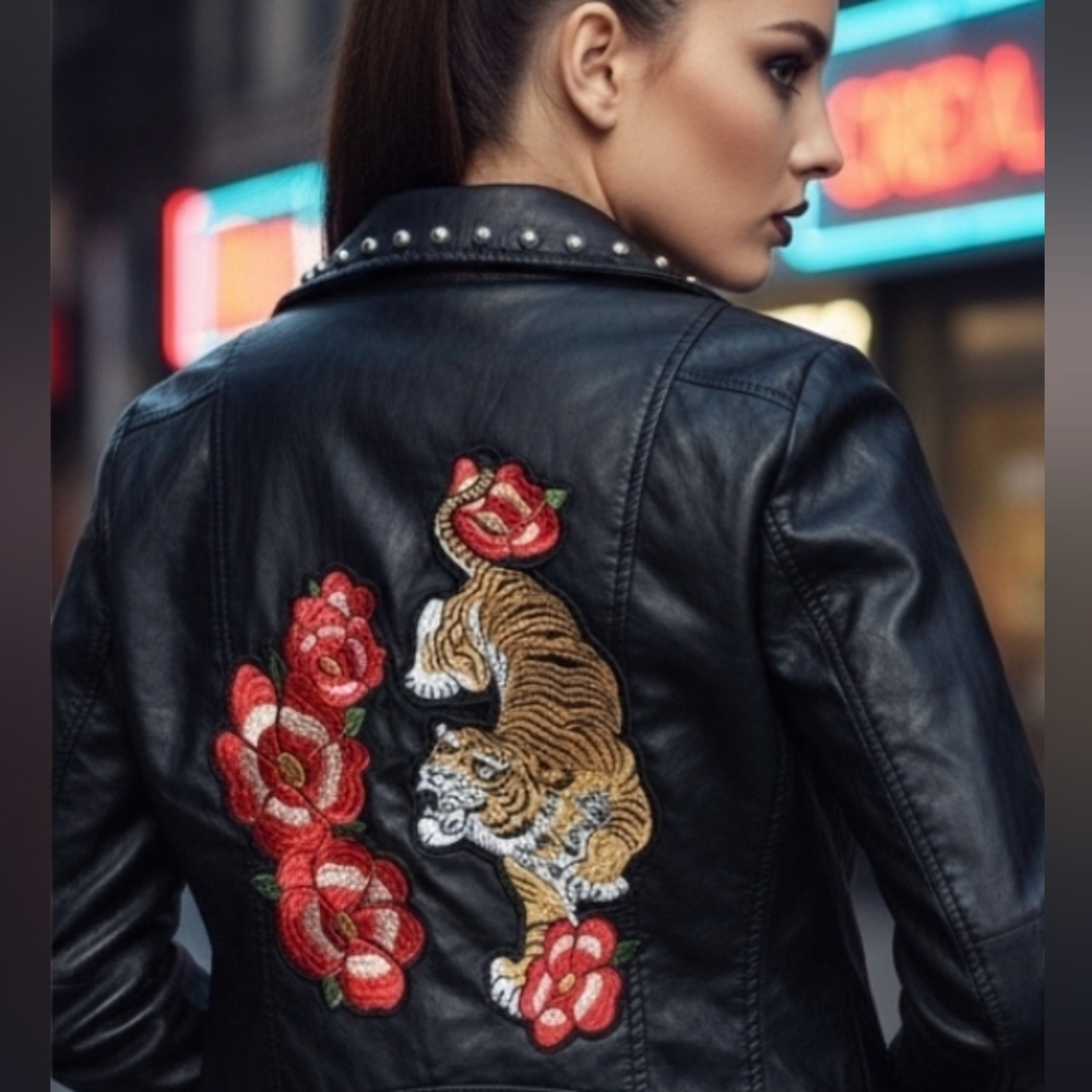 Embroidered Moto Jacket Tiger Embroidery Fall Winter Rain Coat